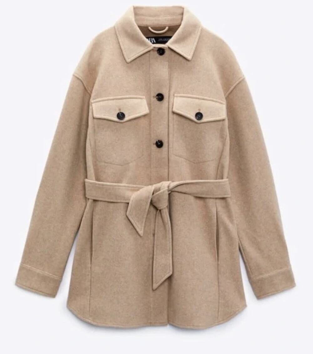 Zara Tan Soft Belted Oversized Overshirt Shacket Jacket Size M